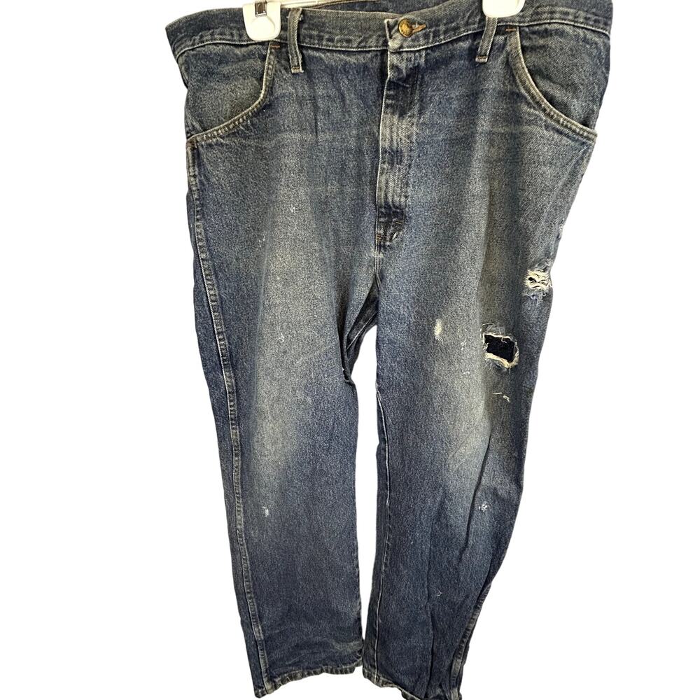 SKU2510 Rustler Men's 42x32 (Measured 44x33) Distressed Blue Denim Jeans